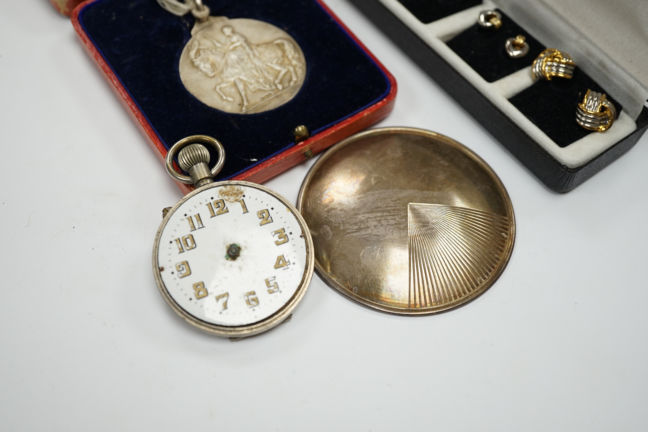 A late Victorian silver oval locket on a white metal chain and other jewellery etc., including three rings, a pocket watch and two modern silver brooches by Clive Edward Burr, largest 75mm. Condition - varies, poor to fa